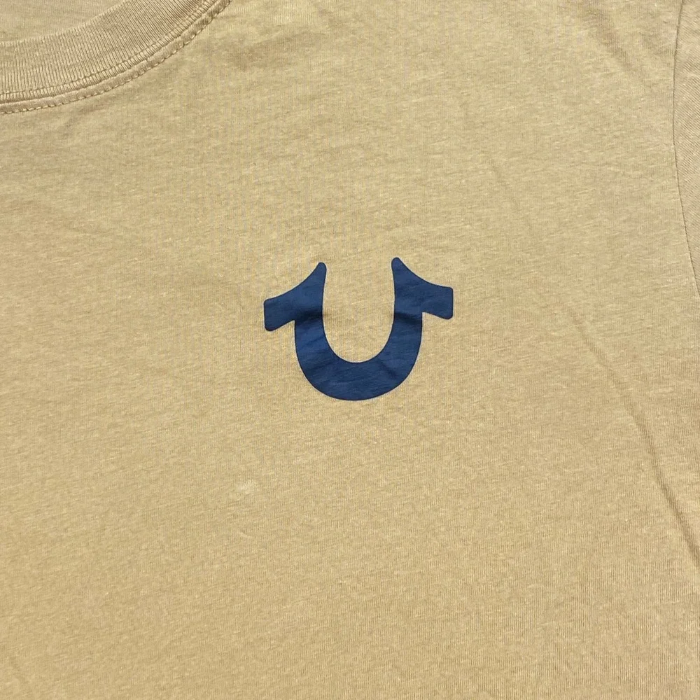 True Religion Shirt Sz L Mens Yellow Streetwear Horseshoe Logo Tape Sleeve